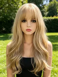 Light Gold Linen Color Bangs Wavy Wig, Smooth Realistic Hair, Breathable Inner Net, High Heat Fiber, Perfect for Daily Wear, Events, Parties