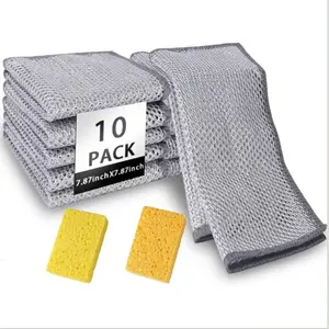 Multi-Purpose Wire Dishwashing Wipes, Wet & Dry 10pcs, Multi-Purpose Scrubbing Pad, Steel Scrubber Scratch Resistant Wire Dishwashing Cloths for Kitchen Utensils, Sink Dishwasher, Stove Top +Non-Bruising Sponge Scrubs for Two