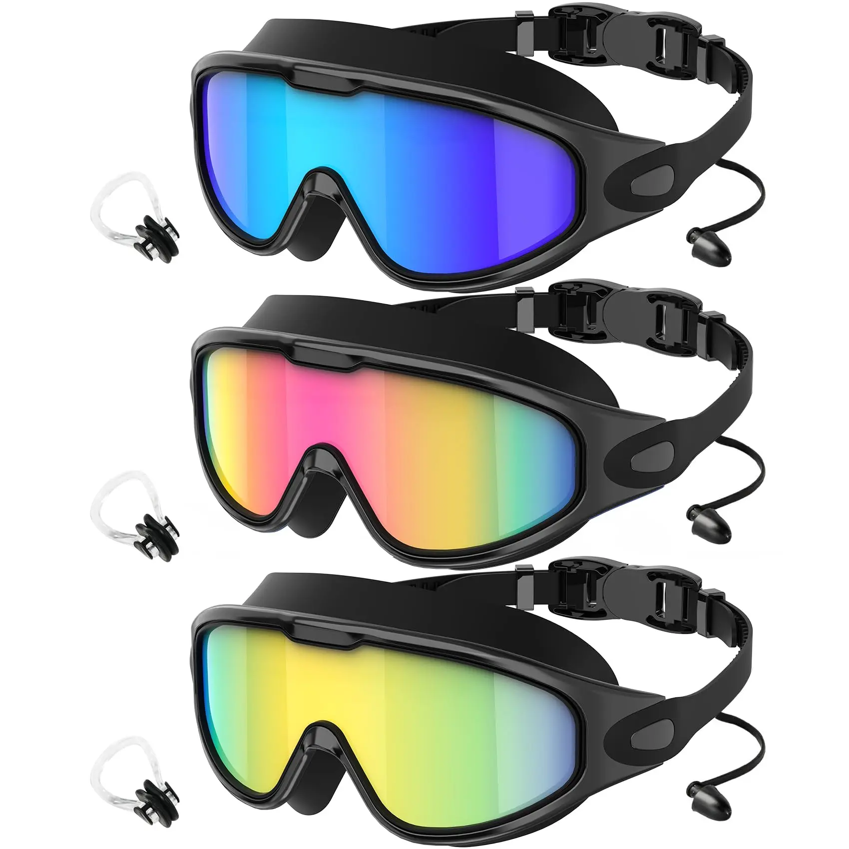 2/3 Pack Swim Goggles for Adults Men Women, Polarized UV400 Swimming Goggles Anti Fog No Leaking, Wide View Mirrored Swim Goggles with Built-in Ear Plugs and Nose Clips for Pool Beach Open Water anti-uv