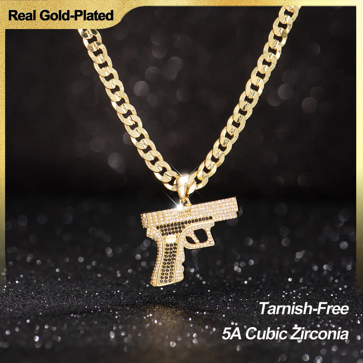 Holylegend 14K Real Gold-Plated Personalized Charm Gold Chain Necklace, 24-Inch Hip Hop Necklace with Gun, Dice & Game Controller Charms, High-Quality 5A Cubic Zirconia, Tarnish-Free,Father's Day Gift