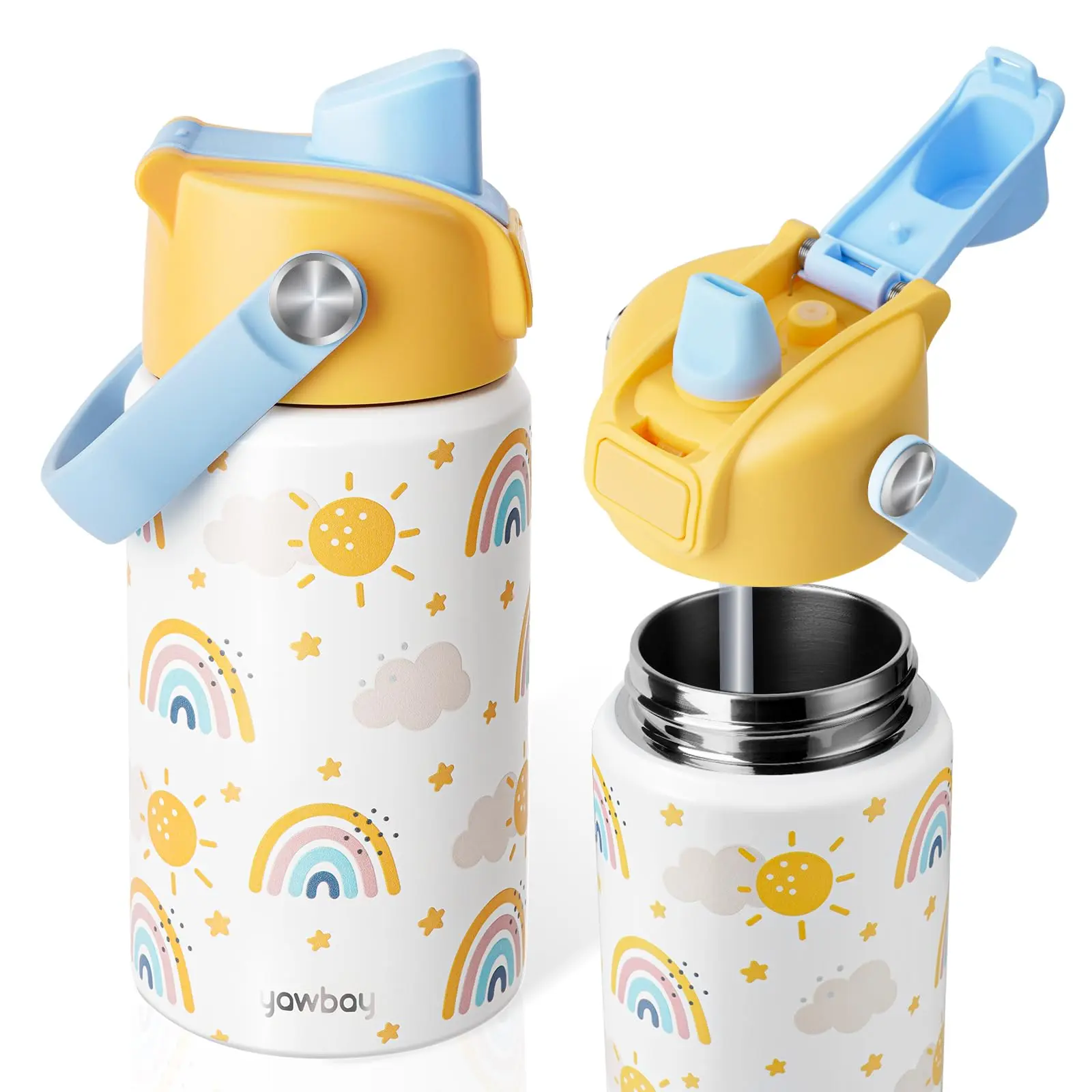 Yawbay Kid-Friendly 12/18oz Insulated Stainless Steel Reusable Water Bottle - 12oz Dinosaur Novelty Vacuum Flask, Leak-Proof Portable with Pop-Up Straw Cap, Cartoon Dinosaur/Flower Animal Designs, for Toddlers Boys/Girls School Use - Kitchenware Drinkware