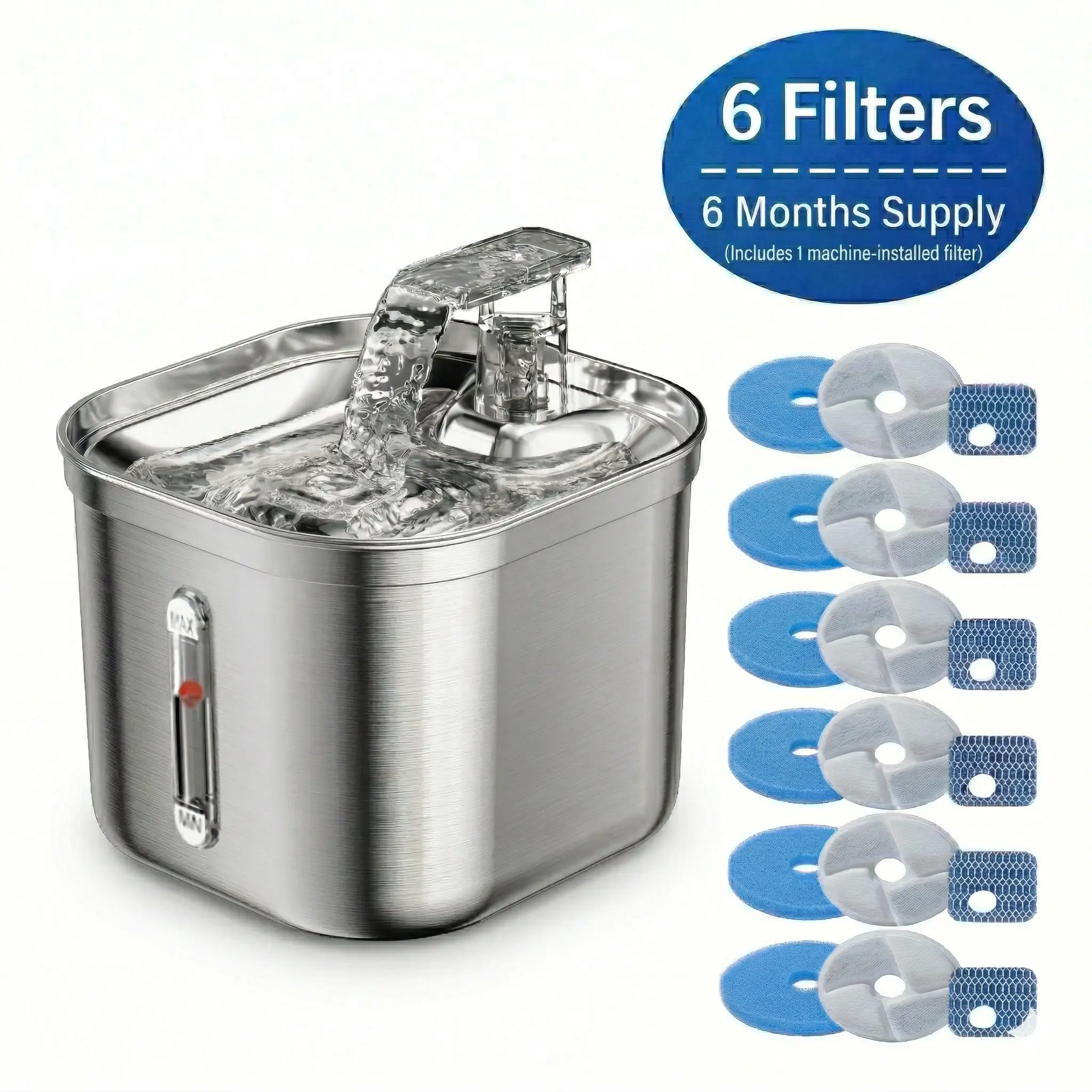 2.2L Stainless Steel Automated Fountain for Cats & Dogs, Quiet Water Dispenser with 6 Filters, Indoor Water Bowl for Pet Lovers (Kitten Essentials), Automated Fountains