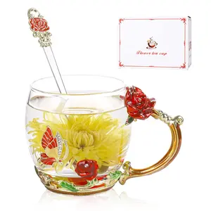 Gifts for Mom Women - Rose Enamels Mug Tea Cup with Tea Spoon - Non-Customised Drinkware for Valentine's Day, Birthdays & More - Tumbler