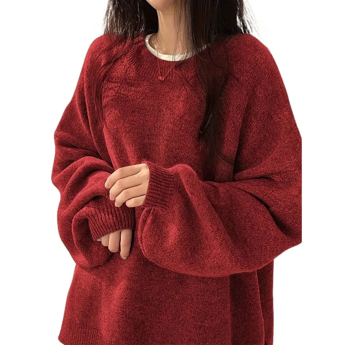 Solid Crew Neck Pullover Sweater for Women - Soft Polyester Knitwear with Drop Shoulder Split - Casual Oversized Top for Fall/Winter - JK35250 Tops Knitting Baggy Crewneck Dark Gray Loose Oversize Oversized Everyday Fabric fall sweaters Womenswear Piece