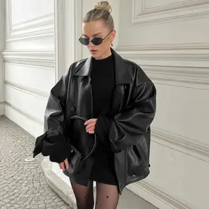 Women’s Winter Retro Brown Leather Jacket, High-End Loose Fit with Suit Collar, New Style Leather Coat