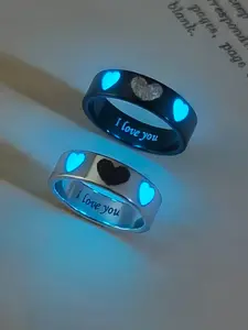 Glow in the Dark Heart Fingerprint Couple Rings, Heart Signet Ring, Cute Romantic Gift for Couples, Unisex Jewelry for Love Confession