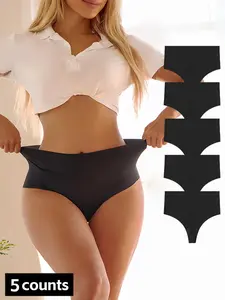 Women's 5pcs Solid High Waist Seamless Thong, Breathable Comfortable Casual Panty for Daily Wear, Ladies Underwear for All Seasons, High Rise Panties, High Waisted Panty