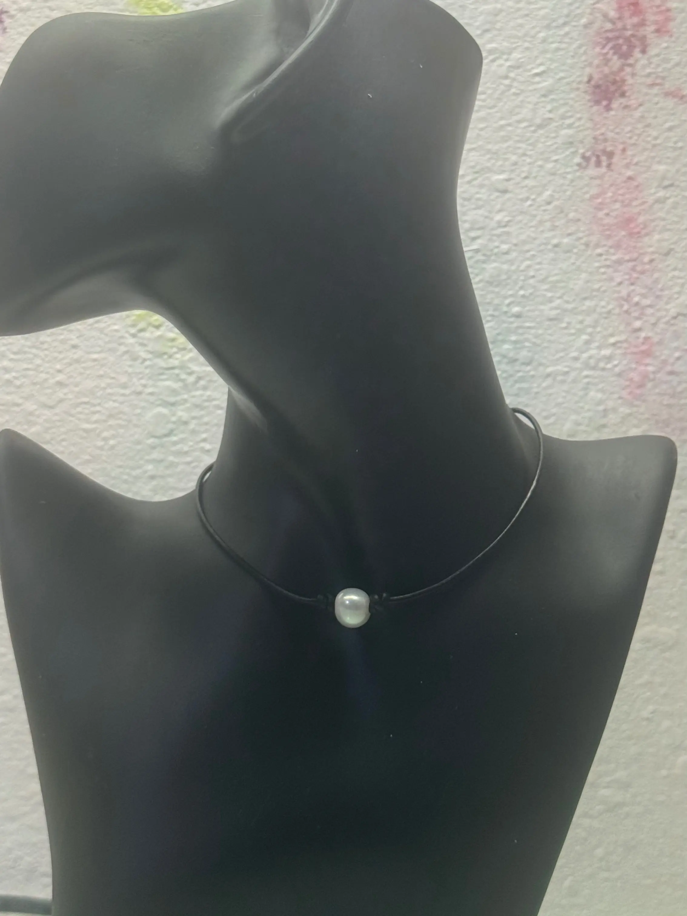 Minimalist Single White Pearl Black Leather Choker