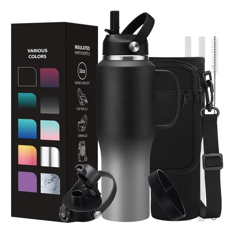 Insulated Water-Bottle 32oz Tumbler and Straw - Keep Cold 48h & Hot 24h, Slim Stainless Steel Water Bottle that Fits in The Cupholder, Thermo Metal Coffee Tumbler Flask Travel Mug portable water Insulated Tumbler