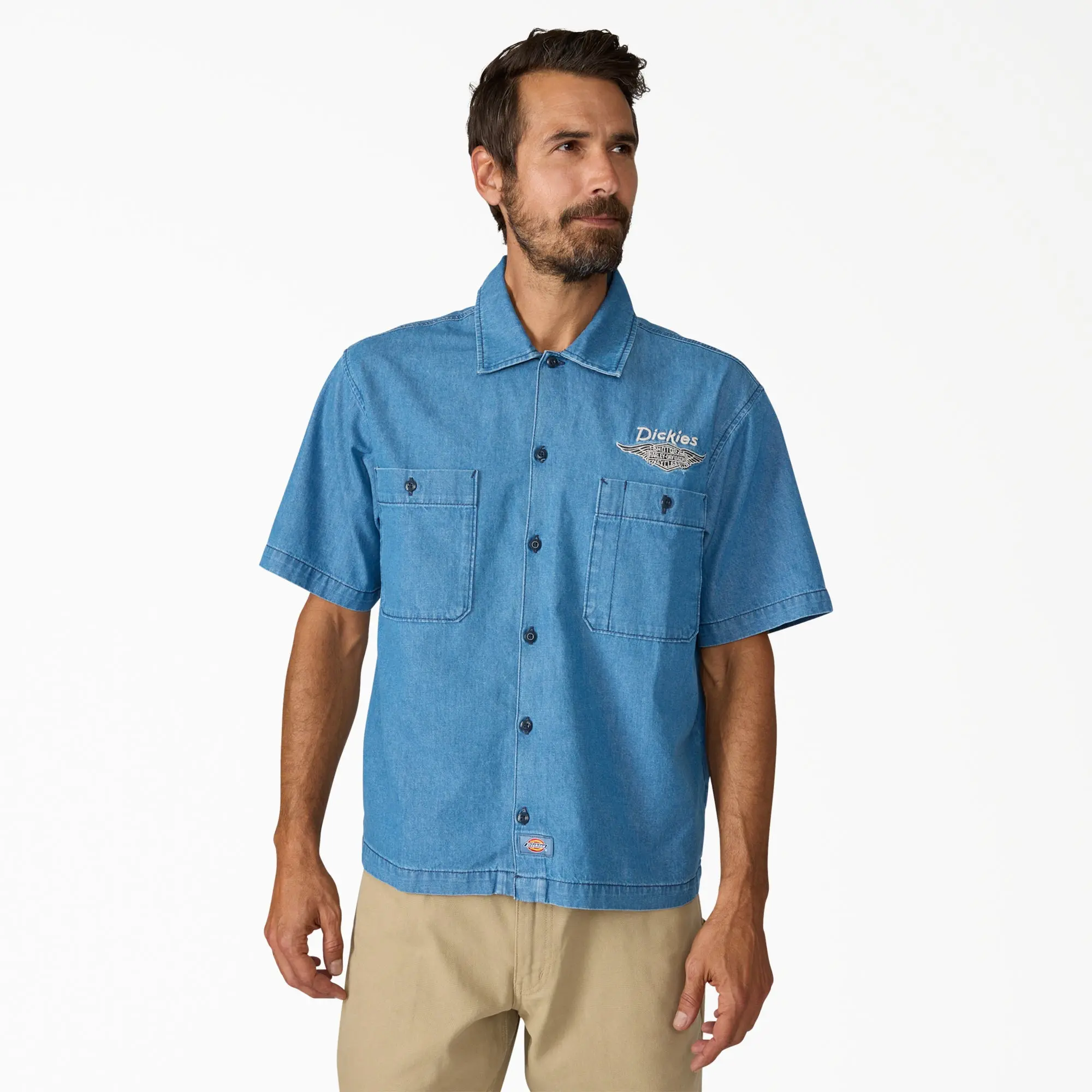 Dickies x Harley-Davidson® Boxy Fit Chambray Embroidered Work Shirt,Graphic Print Embroidered Logo, Workwear Layering Style Casual Classic