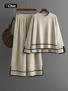 Women's Colorblock Knit Sweater Two-Piece Set, Casual Long Sleeve Top & Pants Set for Winter, Women's Knitwear for Daily Wear