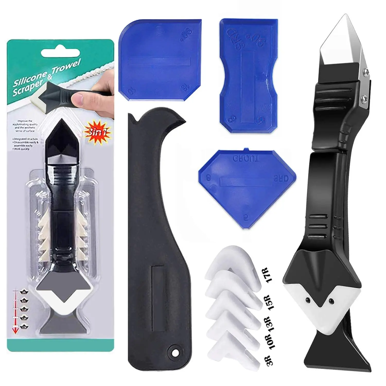 10Pcs Caulking Tools, 3 in 1 Silicone Caulking Finishing Tool Kit(Stainless Steelhead), Reuse and Replace 5 Silicone Pads, Sealant Caulk for Kitchen Bathroom Window, Sink Joint