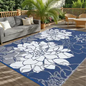 Washable Outdoor Area Rug - UV & Mark Resistant Patio Carpet - Easy Clean Weatherproof Garden Mat - Durable Navy and White Floor Covering