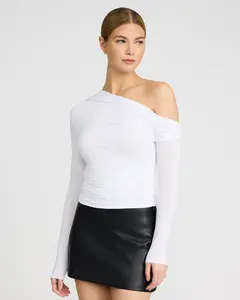 Express Asymmetrical Off The Shoulder Ruched Long Sleeve Tee