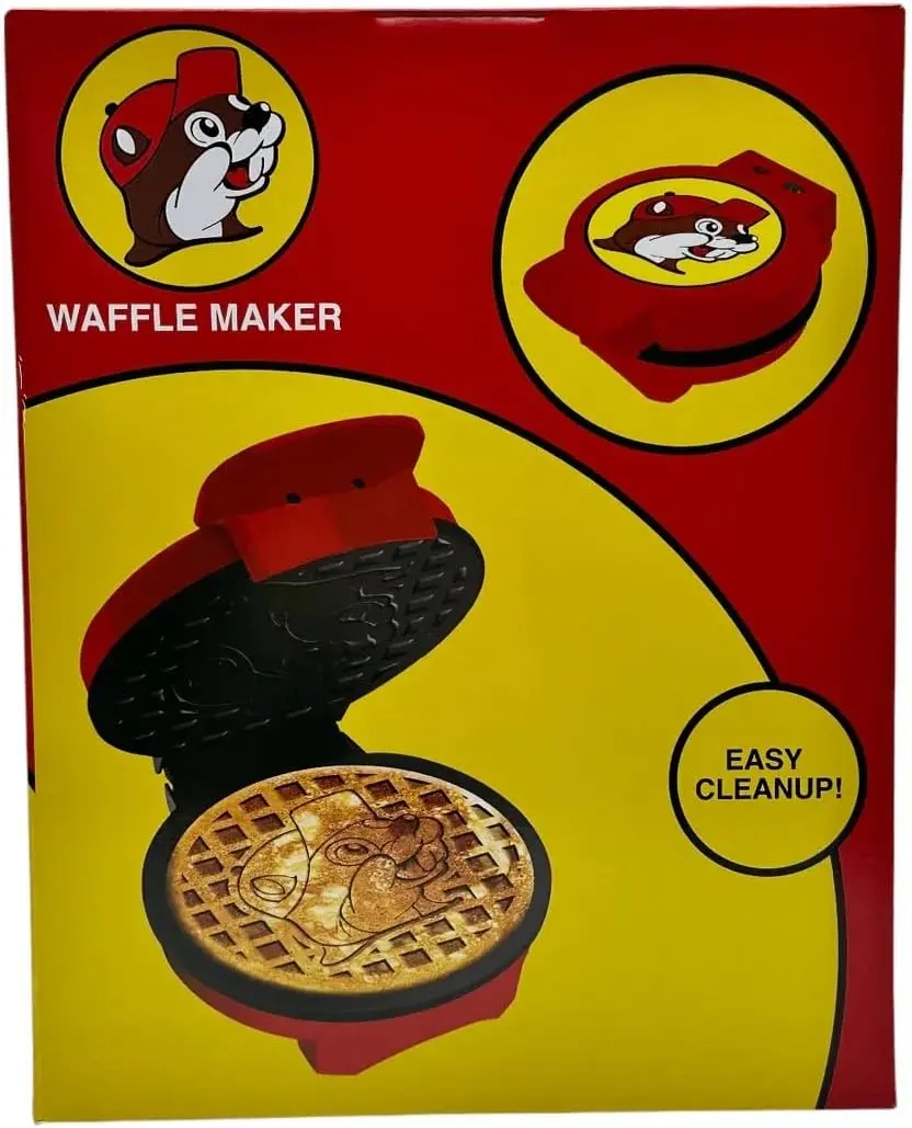 Buc-ee's Waffle Maker with Non-Stick Plates, Even Browning Technology, Cooking Indicator Light, Quick Clean Design, Red and Yellow
