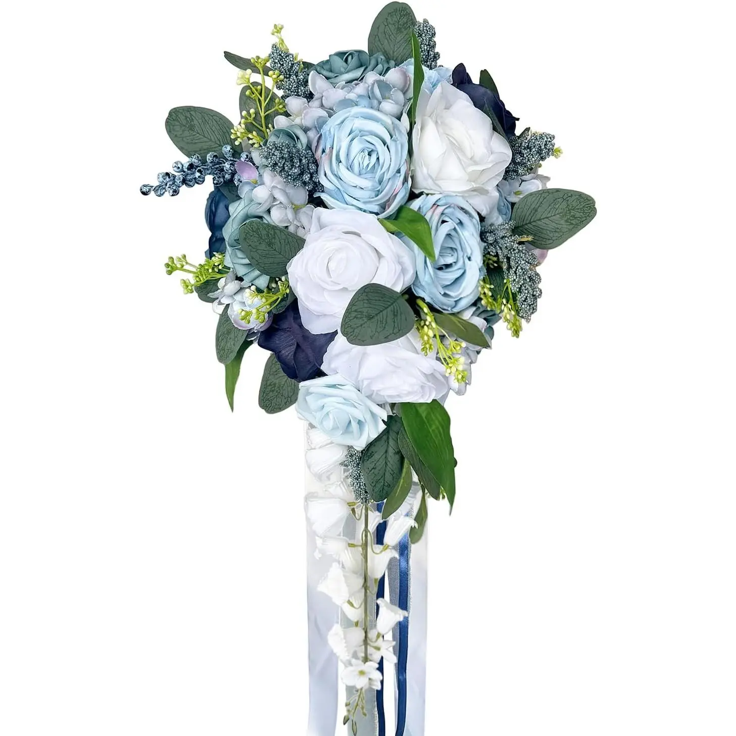 10 Inch Dusty Blue White Cascading Wedding Bouquets for Bride Silk Artificial Flowers Big Bridal Bouquet for Wedding Boho Rustic Church Vintage Tossing Bouquet Premade Ceremony Anniversary Decor
