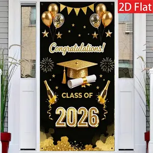 Graduation Door Cover Flag Curtain Decoration, Graduation Cap and Balloon Pattern, Durable Polyester Material, 90x180cm