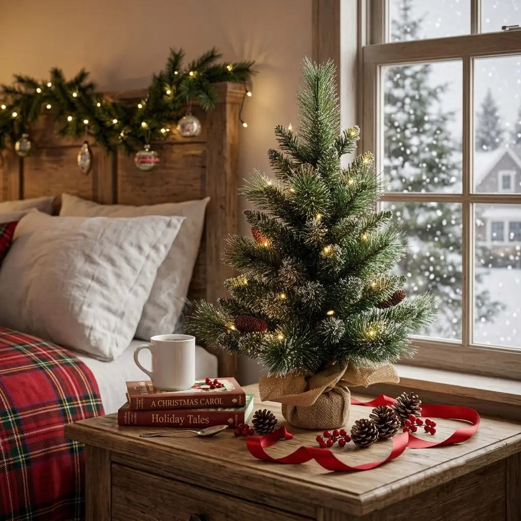 2ft Mini Christmas Tree Tabletop Flocked Pine Artificial Xmas Tree with 35 LED Lights,PVC Snow Frosted Small Christmas Tree with 6 Pinecones for Desk Office Home Decor