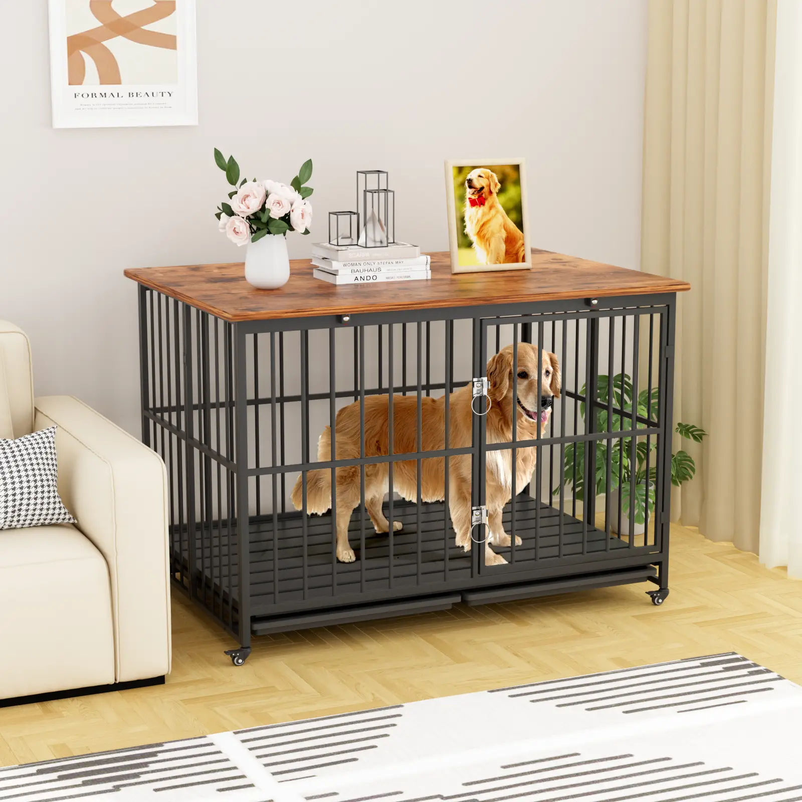 44 Inch Heavy Duty Dog Crate Furniture, Decorative Dog Kennel End Table, Foldable Wooden Pet House Indoor with 4 Lockable Wheels, Double Door and Remo