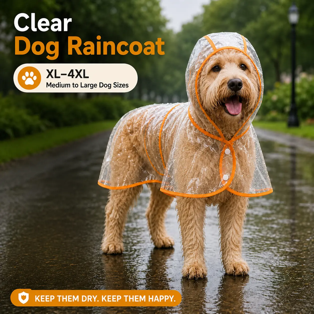 Dog Raincoat, Clear Thickened EVA Waterproof Pet Poncho for Medium Dogs (Sizes XL-4XL) with Full Ear Coverage Hood, Built-In Back Leash Strap, Adjustable Snap Buttons
