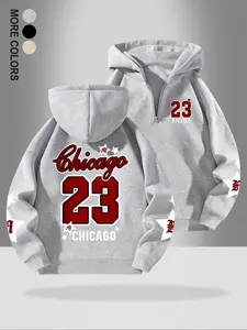 Men's Letter Number Graphic Pattern Print Half-Zip Athletic Sports Fitted Knit Hoodie, Essential Fleece-Lined Sweatshirt, Casual Fall & Winter Wear