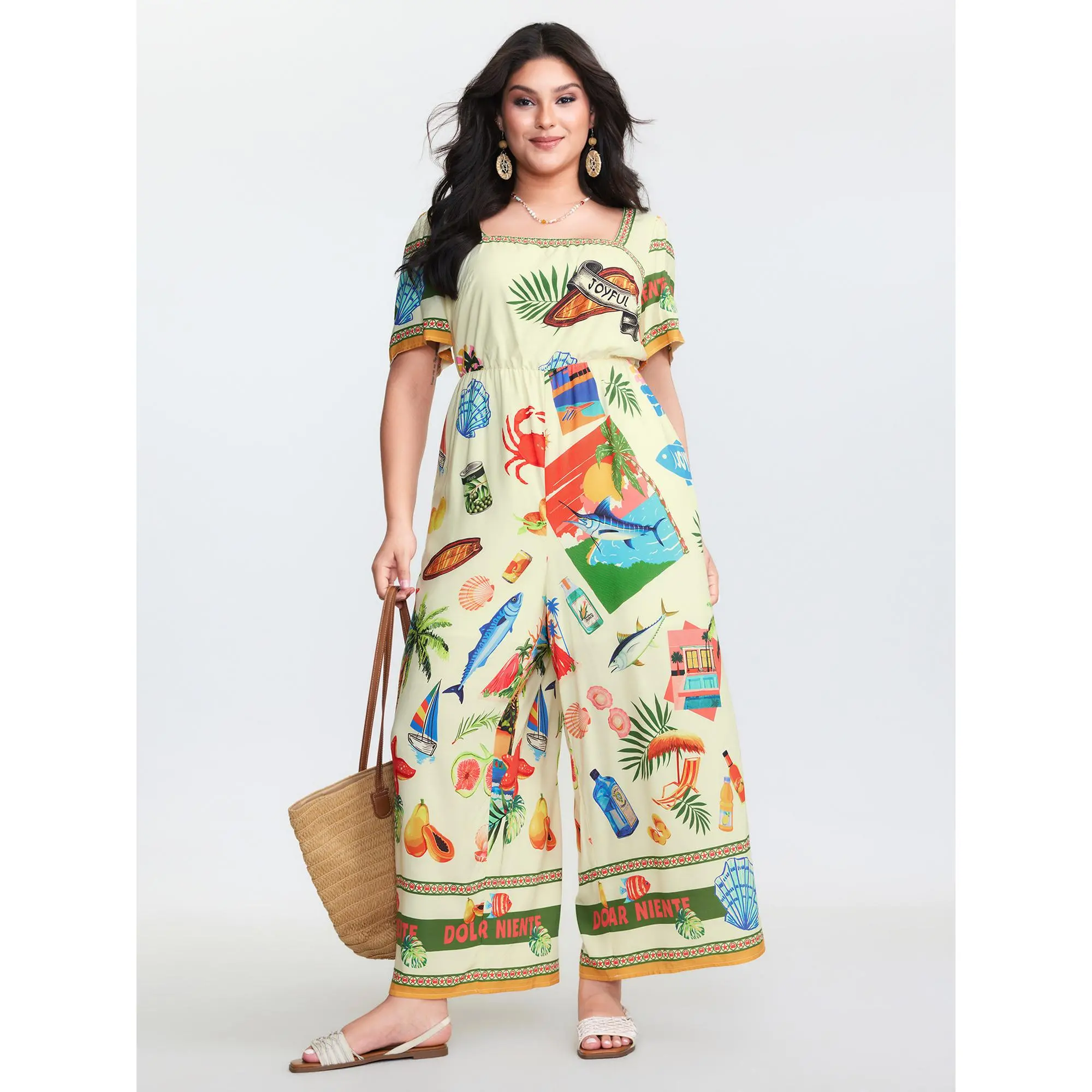 BloomChic Women's Plus Size Boho Multicolor Island Print Sleeved Overalls, Square Neck Half Sleeve Jumpsuit in Smooth Low Iron Rayon Fabric with Pockets, Garment, Bohemian Overalls, Boho Floral Pattern Overalls