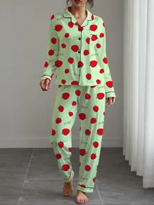 Women's Strawberry Print Sleepwear Loungewear Set Pajamas, Casual Long Sleeve Shirt & Elastic Pants, Soft Stretch Fabric, Fall Winter Home Wear