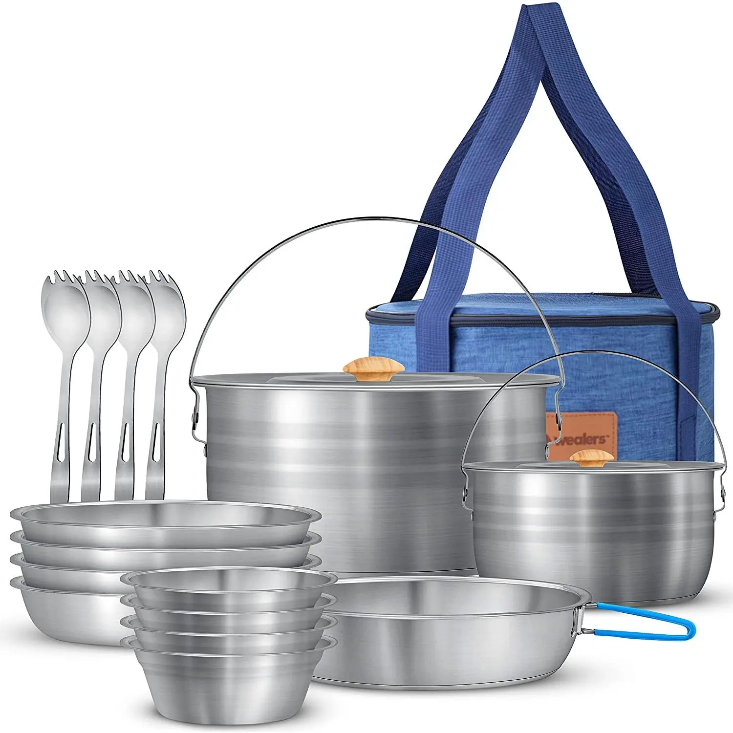 17-Piece Camping Cookware & Dinnerware Set – Stainless Steel Pots, Pans, Plates, Bowls & Sporks with Travel Mesh Bag for Camping, Hiking & Picnics