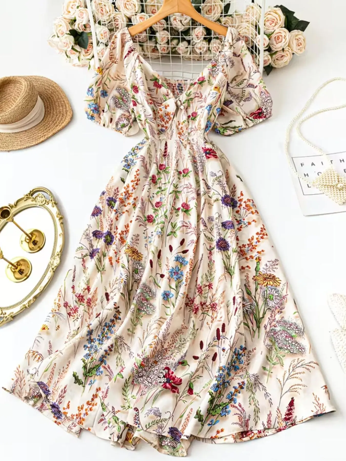 Elegant Floral Dress with Square Neck Design, Bow Back Belt, Casual Comfy Boho Vacation Wear, Boho Floral Printed, Spring Summer Fall Fashion, Loose Comfortable Skirt, Bohemian, Elegance, Boho, Casual Boho Style, Boho Style Clothes, Womenswear