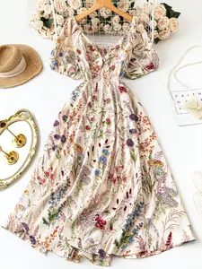 Elegant Floral Dress with Square Neck Design, Bow Back Belt, Casual Vacation Wear, Spring Summer Fall Fashion, Loose Comfortable Skirt