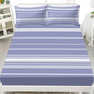 Three-Piece Solid color background with white lines Pattern Printed Bed Sheet Set (1 Fitted + 2 Pillowcases), Casual Style, Home Bedroom Use