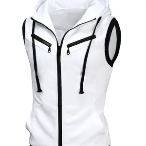 Men's sleeveless slim fit hooded vest with zipper drawstring vest and pocket white