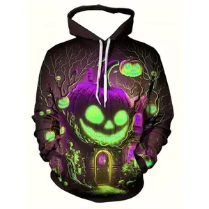 Men's Halloween Monster Pumpkin Hoodie, Casual Party Wear, Kangaroo Pocket, Polyester Knit Fabric, Fitted Design, All Seasons