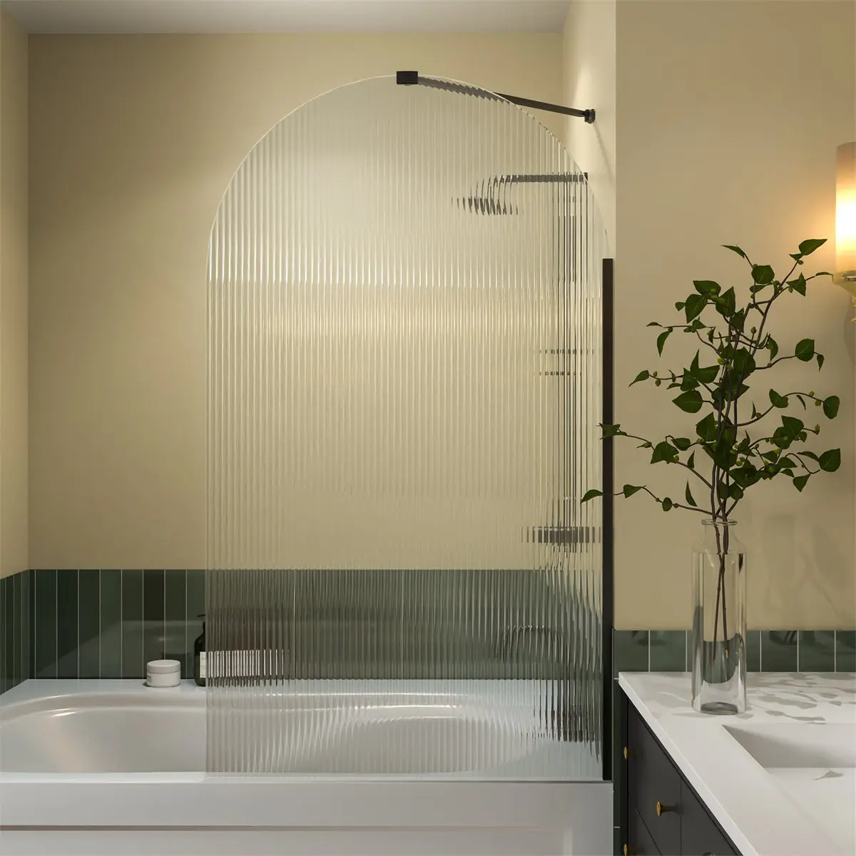 Serenity-S 33" x 58" Bathtub Screen Reeded Glass Shower Panel For Bathtub,Matte Black Finish,Reversible Installation,Semicircle