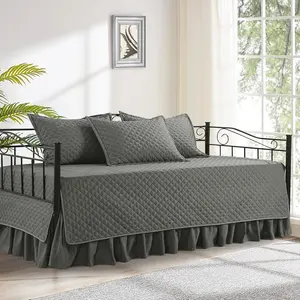 Daybed Cover Sets- Diamond Stitching Daybed Bedding Set, All Season Cozy Bedding with Bedskirt with Shams, Microfiber Filling, 5 Pieces, Dark Grey