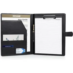 Professional Faux Leather Padfolio with Notepad Included, A4 Letter Size Portfolio Folder with Clipboard, Resume Folder, Legal Pad Holder and Business Card Holder, Black