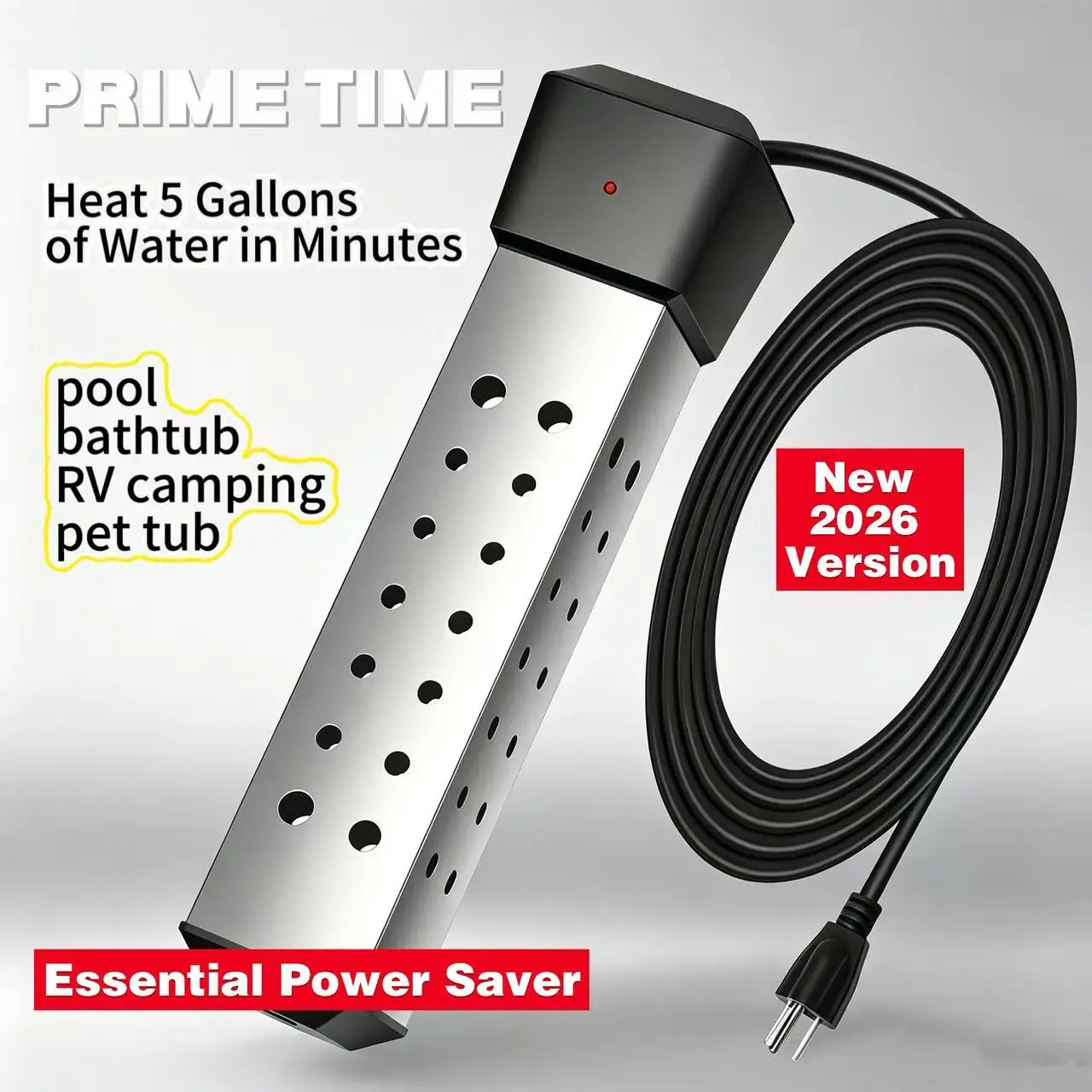 【Upgraded 2026 Version】2000W Portable Rapid Heating Square Immersion Water Heater for Inflatable Pool Bathtub,Outdoor Swimming Pool，Bucket Heater with 304 SS Guard, Submersible Water Heater with LCD Thermometer,Heat 5 Gallon Water in Minutes,Safe & Fast