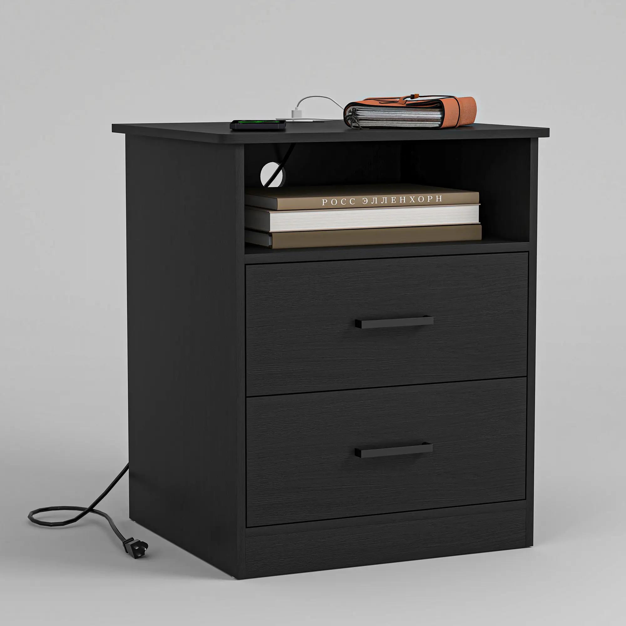 Spaco Modern Vanity Desk & Nightstand Combo - Wooden Tabletop, Flat Top, 2 Drawers, Pedestal Base, Charging Station with 2 AC Outlets, 1 Charging Port, Multi-Functional Indoor Furniture for Bedroom