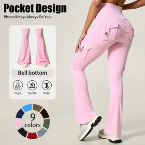 Women's Workout Flare Leggings with Pockets Hidden Scrunch High Waisted Cargo Gym Yoga No Front Seam Leggings Flared Joggers Fitness Outfit Camouflage Sports Pants