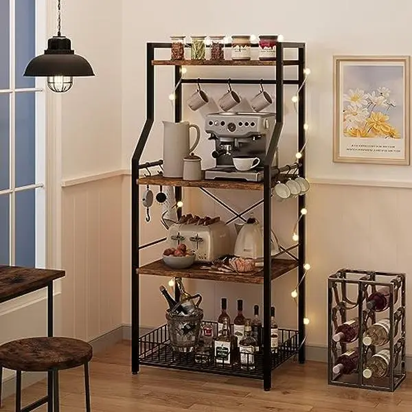 4-Tier Industrial Rustic Brown Freestanding High-Strength Dual-Purpose Fiberboard Baker's Rack - 15.7" x 23.6" x 50.7", Assembly Required, Stable Storage Kitchen Microwave Oven Stand, Large Wire Basket, 8 Hooks, Easy to Clean Coffee Bar Station, Adjustabl