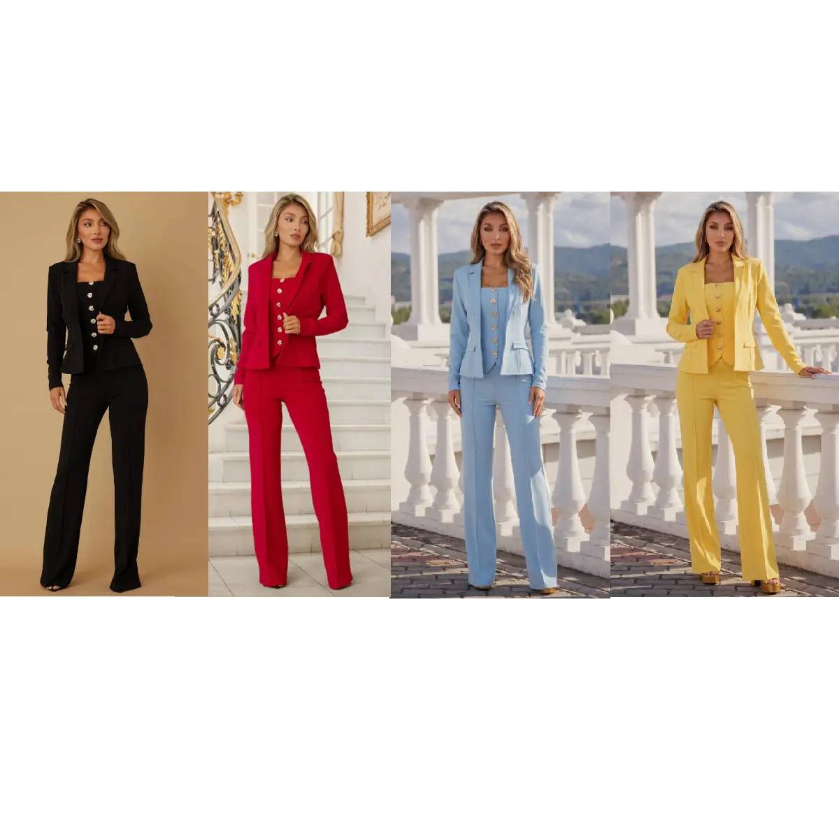 THREE PIECE STUNNING SET - WORK CASUAL EVERYDAY VIBE - CLASSY TOP DETAIL - BLAZER JACKET - SOLID FLARE PANTS - STRAPLESS TOP INSIDE