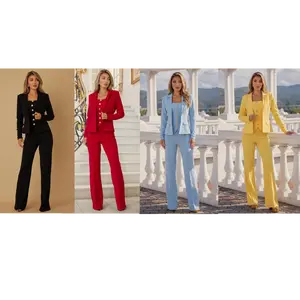 THREE PIECE STUNNING SET - WORK CASUAL EVERYDAY VIBE - CLASSY TOP DETAIL - BLAZER JACKET - SOLID FLARE PANTS - STRAPLESS TOP INSIDE