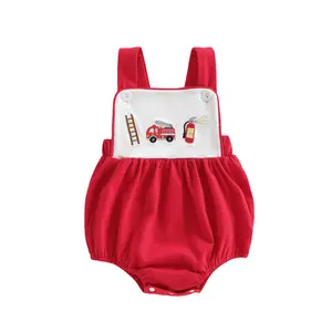 Sprifallbaby Baby Boy Cotton Blend Firefighter Romper - Baby Boy Clothes, Sleeveless, Embroidered Detail, Fire Motif, Hero Theme, Loose-Fit Infant Bodysuit, Summer Playwear Costume