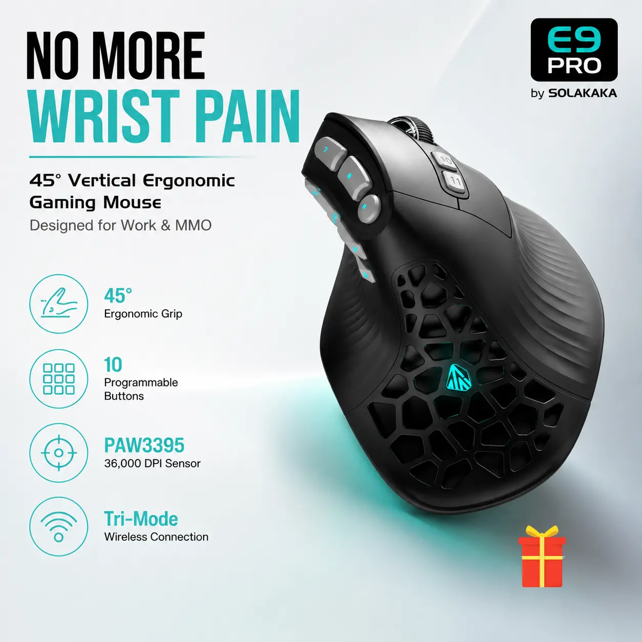 SOLAKAKA E9 PRO Vertical MMO Gaming Mouse - Lightweight Ergonomic Gaming Mouse with 10 Side Buttons,PAW3395 36000 DPI Sensor,45°Grip,Tri-Mode 2.4G/BT/Wired, RGB,1000mAh Rechargeable Mouse for PC/Mac - Black summerwins