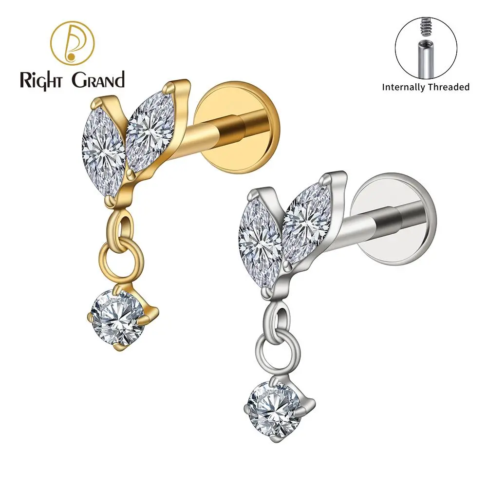 Right Grand ASTM F136 Titanium Double Marquises with CZ Dangle Stud Earring Cartilage Helix Tragus Flat Back Piercing Jewelry