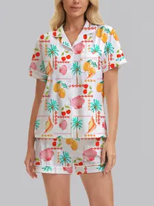 Women's Sleepwear Set, Womenswear Short Sleeve Lapel Button Soft Top & Elastic Shorts, Fashionable Daily Wear, Casual Home Clothing