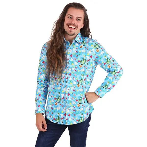 Women's Christmas Print Button Up Top, Long Sleeve Collared Holiday Cotton Spandex Novelty Apparel