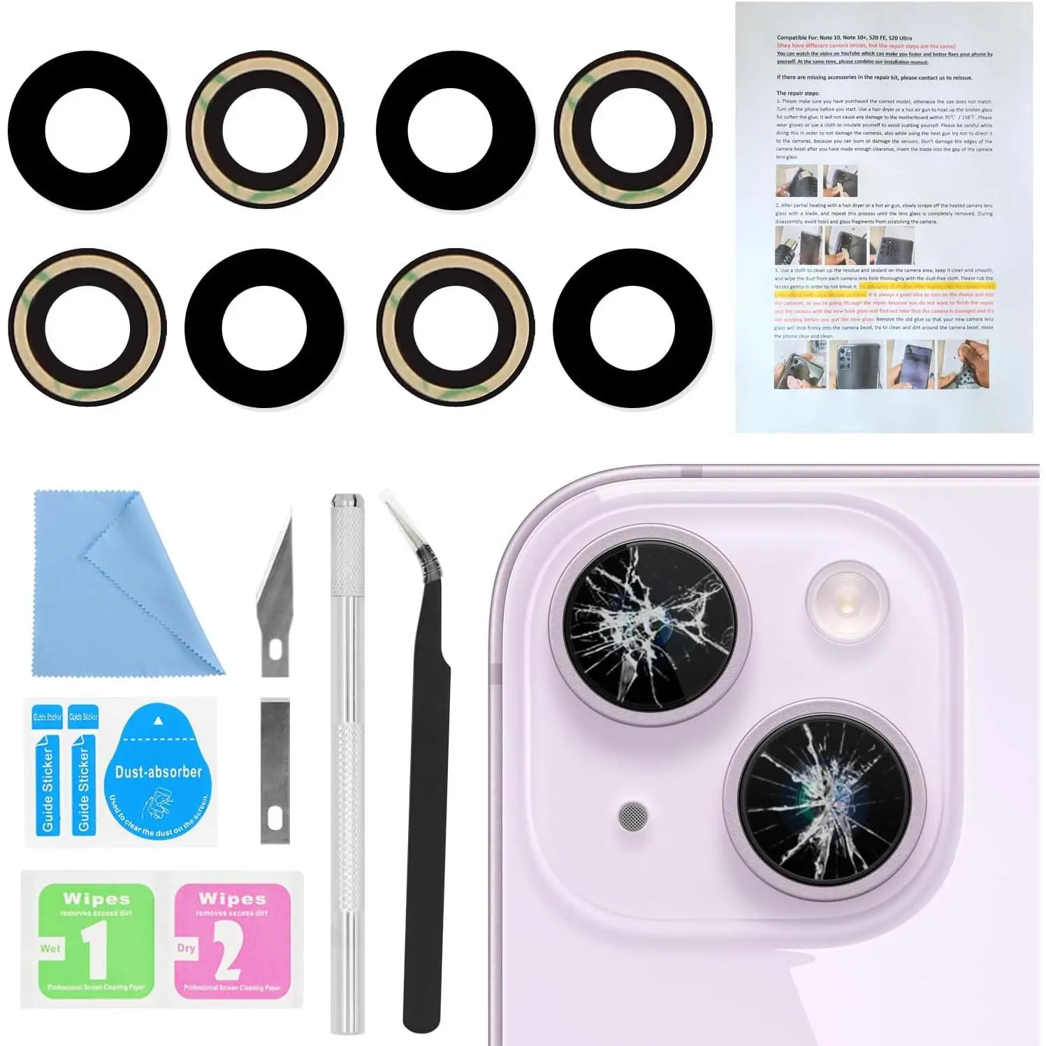 2 count   Rear Camera Lens Glass Replacement for  14 and 14 Plus Camera Glass Lens Replacement with Pre-Installed Adhesive + Repair Tool Kit + Installation Manual