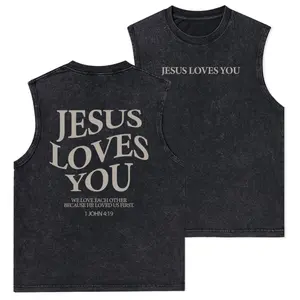 Jesus Loves You Christian Washed Tank Top, Gym Essential, Vintage Casual Crewneck Short Sleeves Menswear T-shirt Classic Cotton Fabric Streetwear