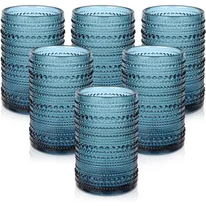 Glassware Drinking Glasses Set of 6,15 oz Hobnail Glass Cups,Embossed Blue Water Tumbler,for ,,,Juice and Various Mixed Drinks- 1 Cleaning Brush